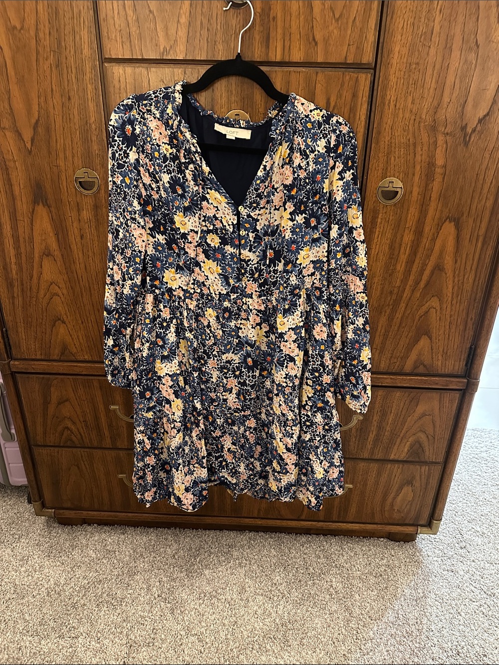 LOFT Navy Floral V-Neck Mini Dress with Blush and Yellow Accents